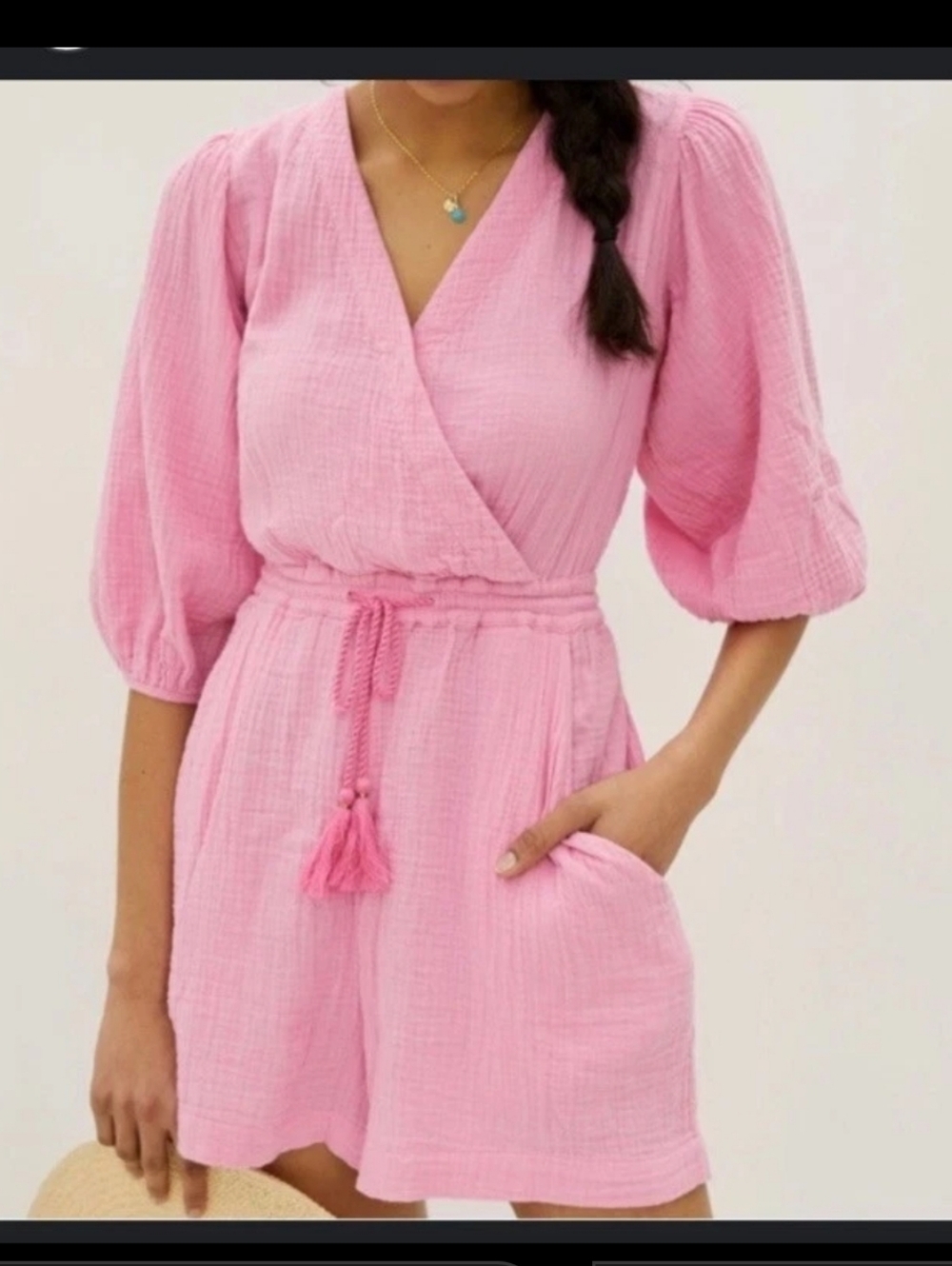 Anthropologie Women's Celia Gauzy Romper  Size M 3/4 Sleeve Pink Drawstring